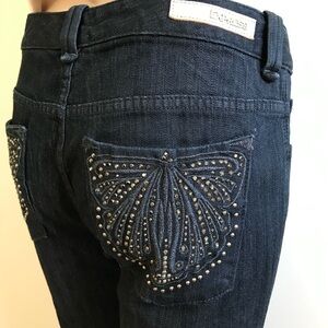 New Express MIA bootcut Midnight Blue Jeans with rhinestones on the pockets sz 4
